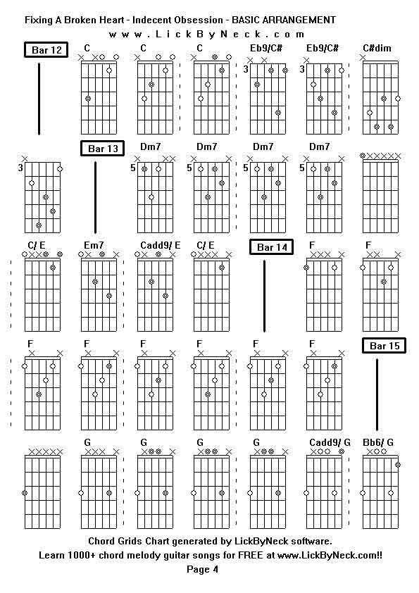 Chord Grids Chart of chord melody fingerstyle guitar song-Fixing A Broken Heart - Indecent Obsession - BASIC ARRANGEMENT,generated by LickByNeck software.